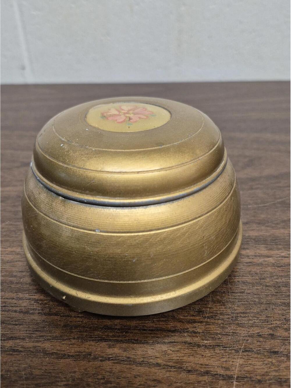 Vintage Gold-Colored Musical Powder Box with Floral Design